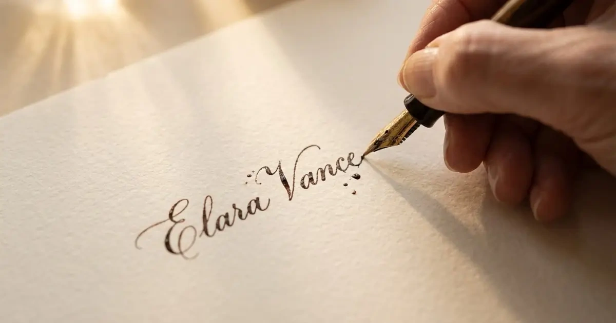 Close up of a hand writing a name in elegant calligraphy with a fountain pen
