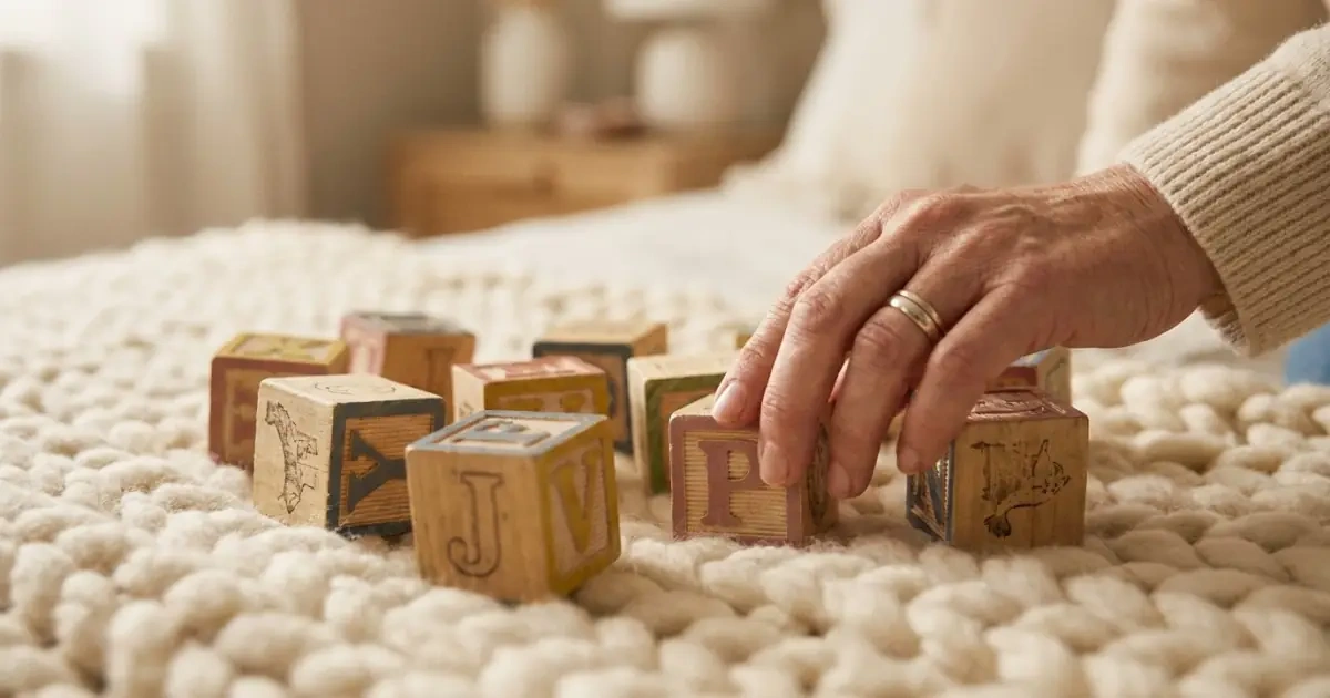 Wooden letter blocks on a soft blanket with a woman's hand adjusting them gently