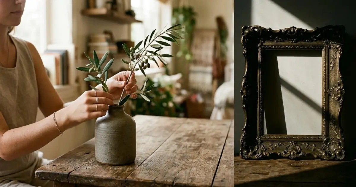 A balanced arrangement of an olive branch illustrating balanced baby names versus heavy-handed options.