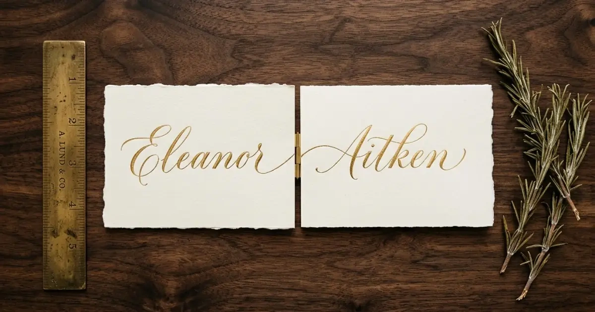 A flat-lay layout showing first and last name cards to achieve balanced baby names.