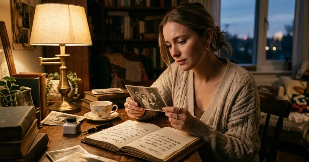 A thoughtful woman reflecting deeply on personal heritage and emotional meaning