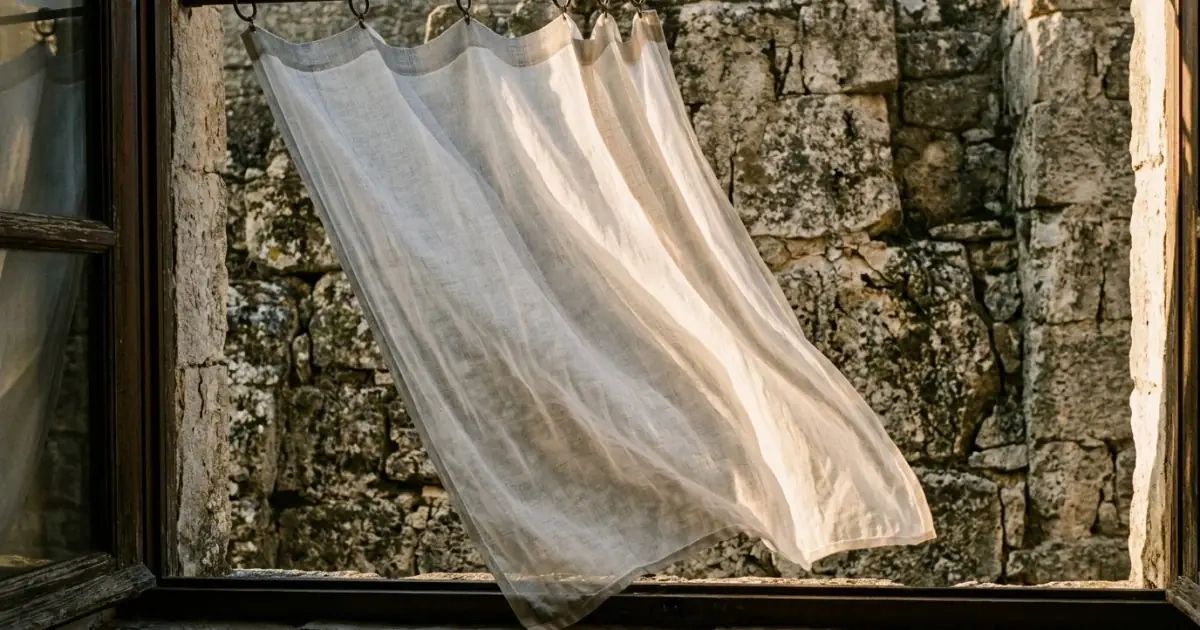 A light linen curtain against an ancient stone wall representing depth in naming