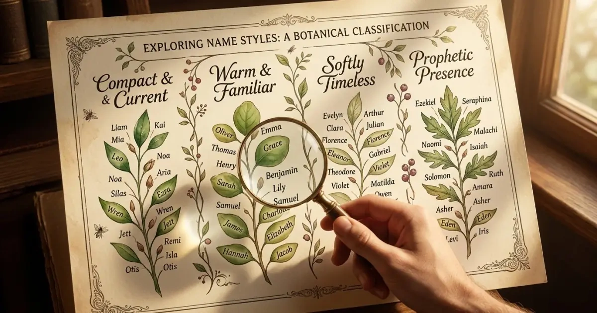 A botanical style chart infographic showing different categories of biblical baby names