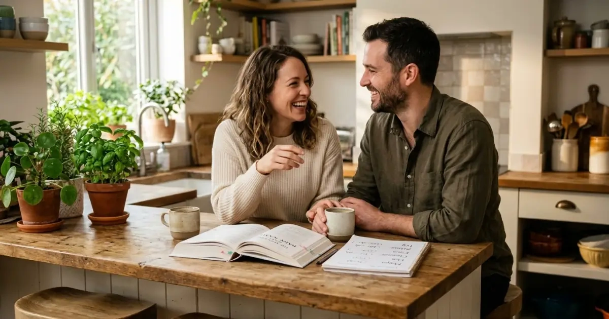 Young parents discussing the pronunciation of biblical names at home