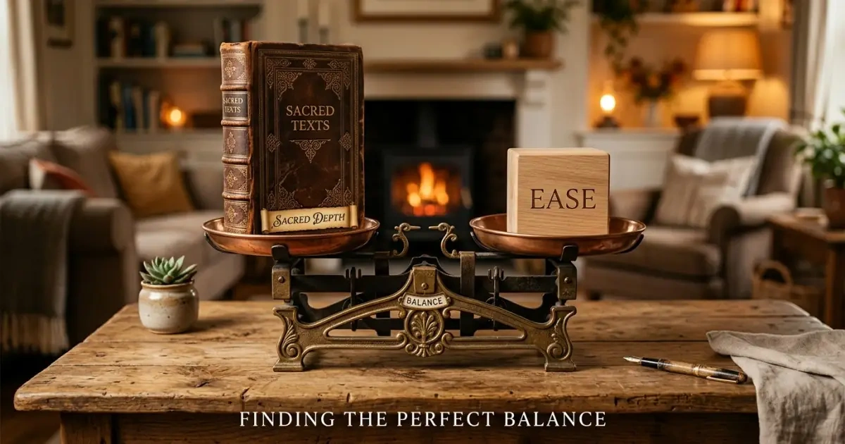 A balanced scale infographic representing biblical names that feel current and wearable