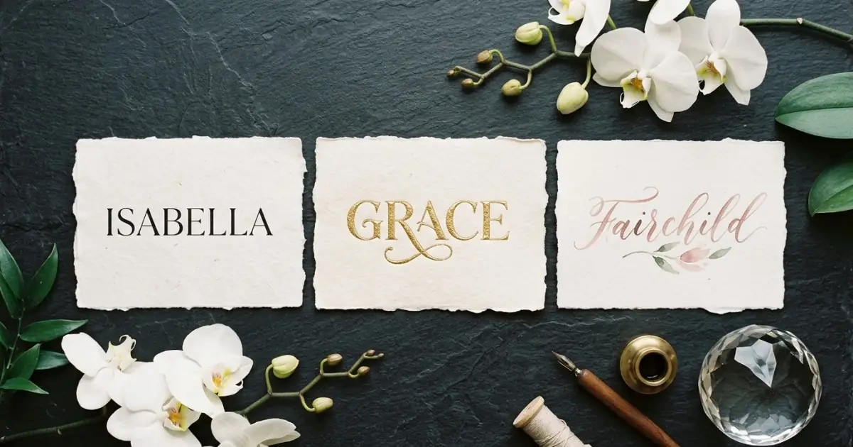 Three beautifully curated paper cards illustrating the architecture of bilingual baby names.
