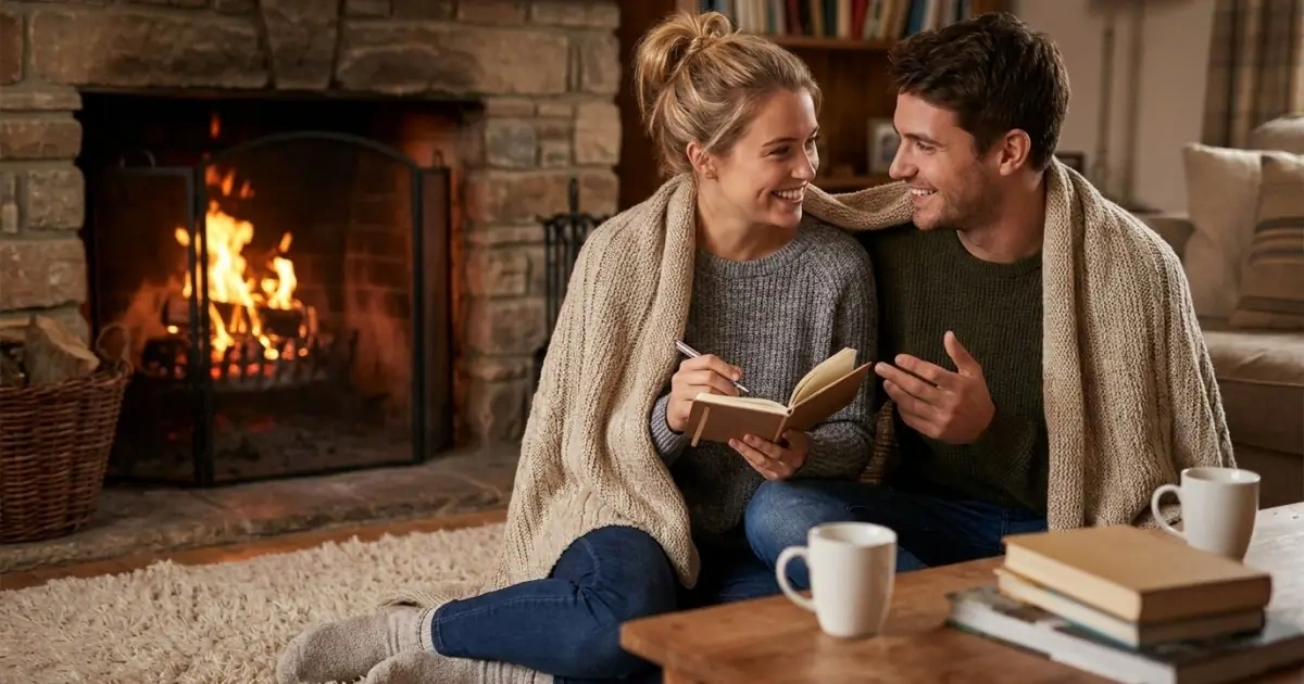 A young couple talking warmly by a fireplace holding a notepad
