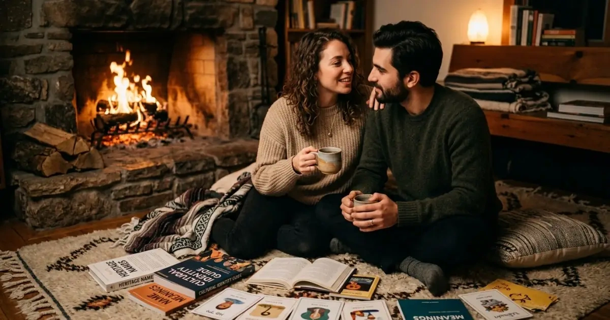A young couple discussing common questions regarding bilingual baby names by a warm fireplace.