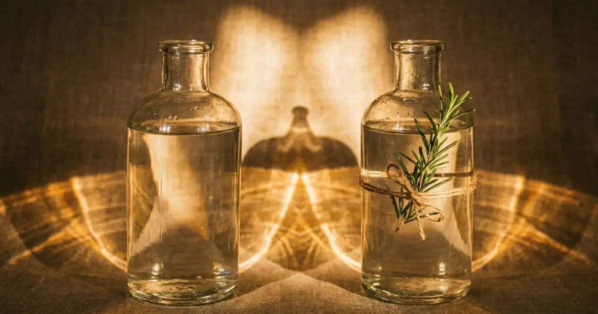Two identical antique glass bottles reflecting light on a linen background