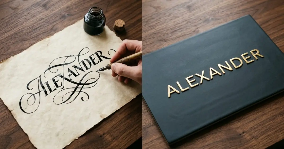 A contrast of traditional calligraphy and modern engraving highlighting bilingual baby names spelling choices.