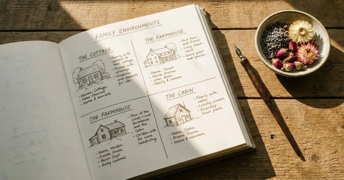 An open handmade scrapbook showing a handwritten grid map for testing names