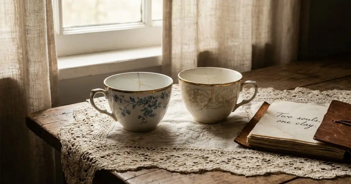 Two beautiful porcelain teacups with distinct patterns but matching gold rims