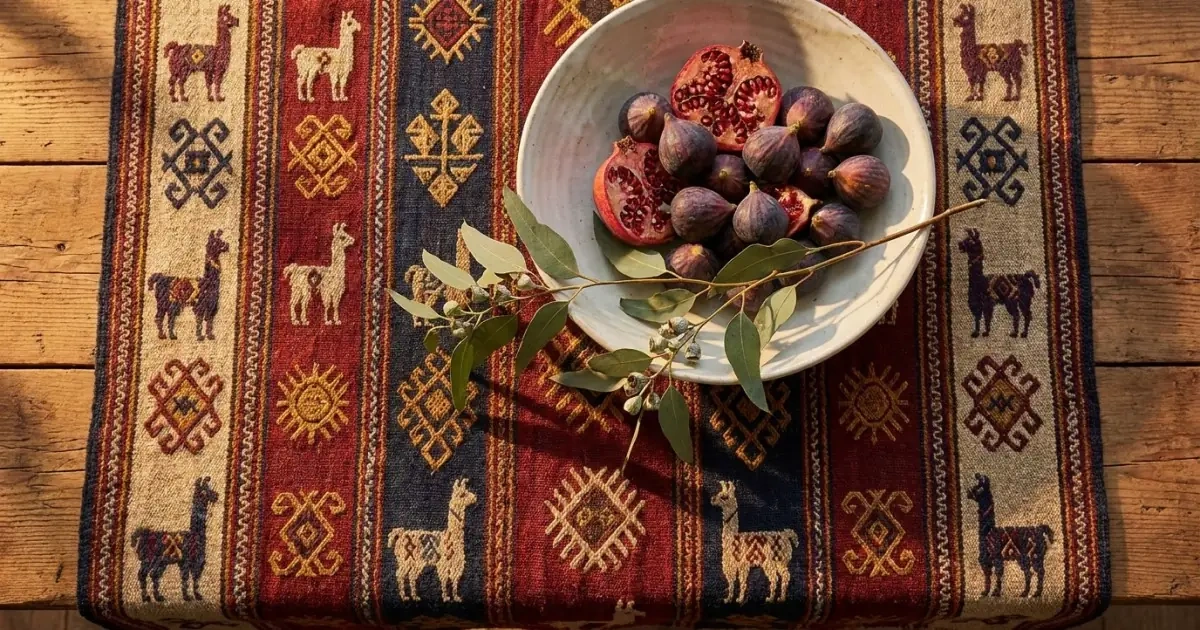 A modern ceramic bowl of fruit on top of a traditional hand-woven cultural textile