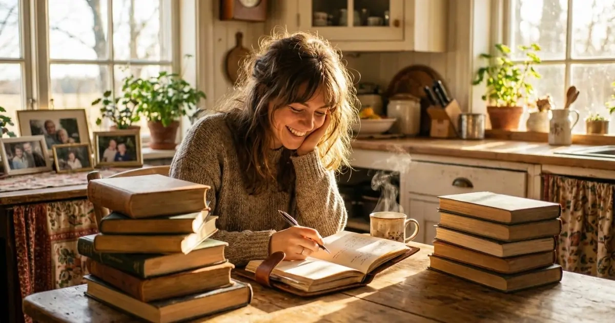 A young woman writing baby names in her diary in a sunlit kitchen