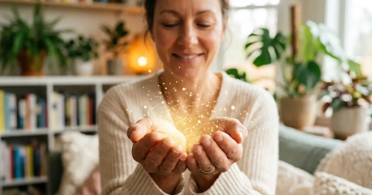 Adult hands holding a soft glowing light symbol within a warm, nurturing home environment.