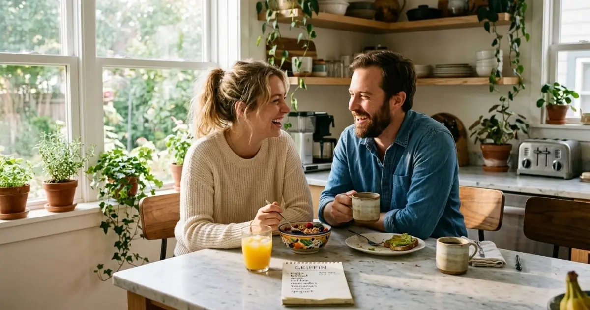 A young couple interacting in a sunlit kitchen with a notepad showing bold baby names.