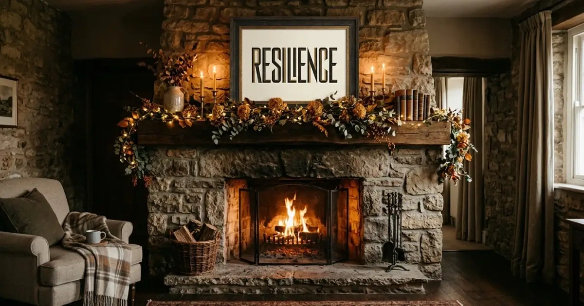A bold name artwork displayed on a cozy mantelpiece above a warm fireplace