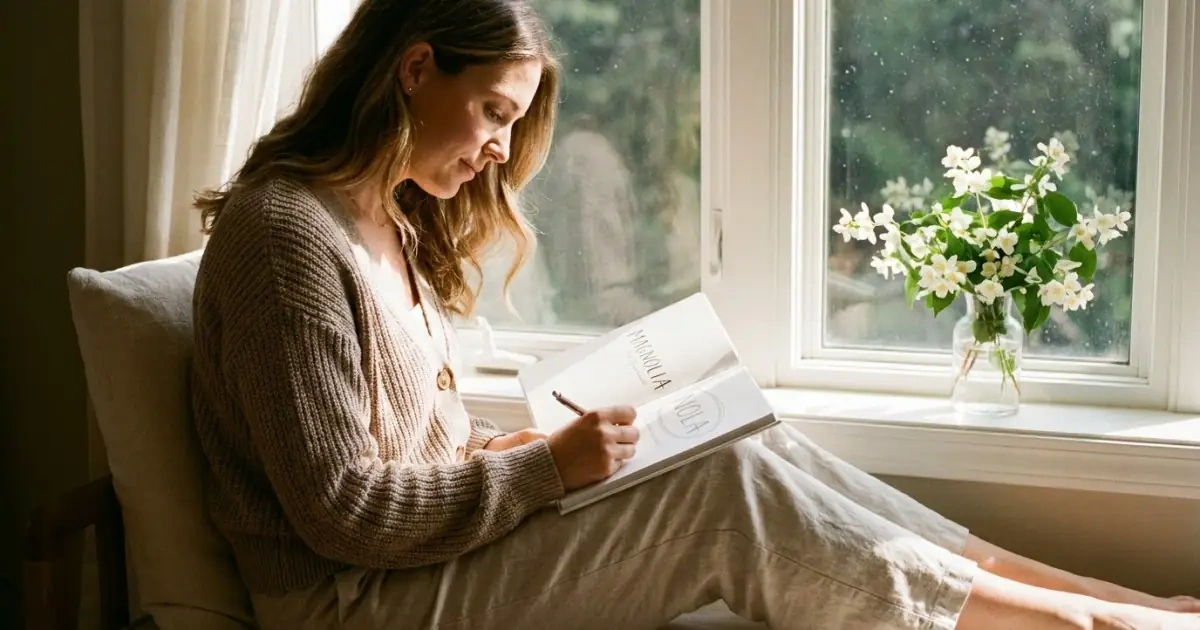 A young mother writing names in a keepsake book by a sunlit window