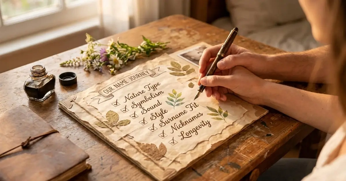 A hand-drawn baby name usability checklist on a sunlit rustic wooden desk