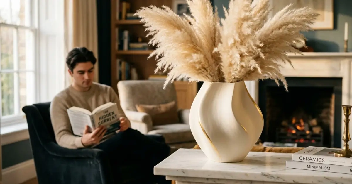 A sculpted ceramic vase with clear shapes and soft pampas grass under warm golden hour light.