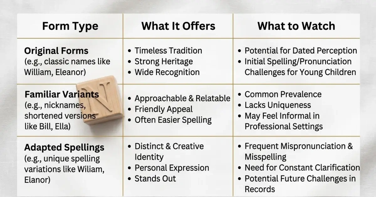 An infographic table comparing original forms, familiar variants, and adapted spellings