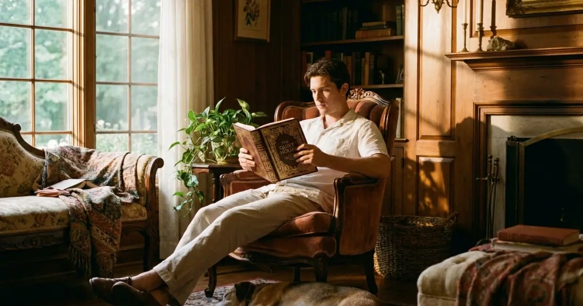 Man reading a classic gold-leaf book symbolizing the enduring value of classic popular baby names