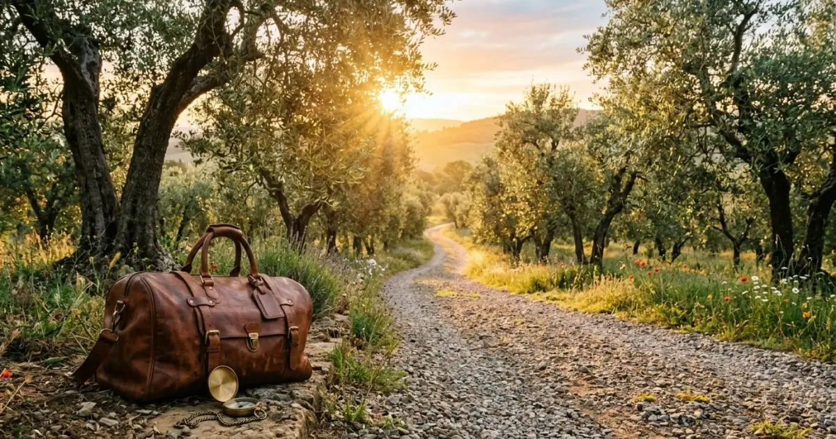 A sunlit path through an olive grove at sunrise, symbolizing the journey to finding a name that lasts.
