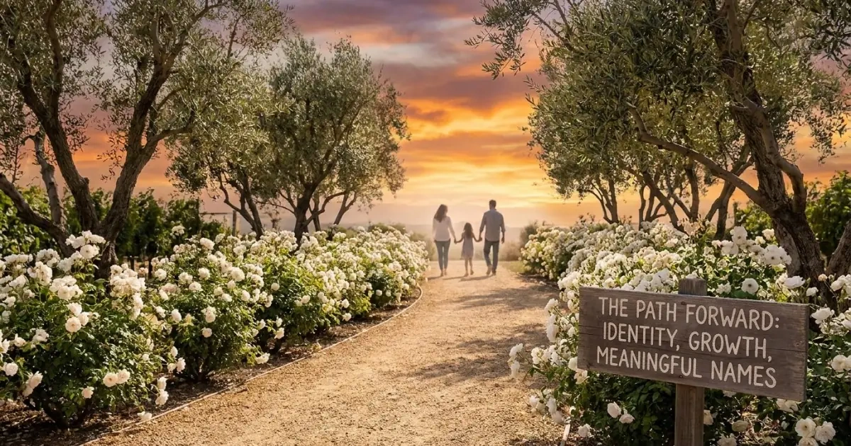 A sun-drenched garden pathway winding through white roses and olive trees at sunset