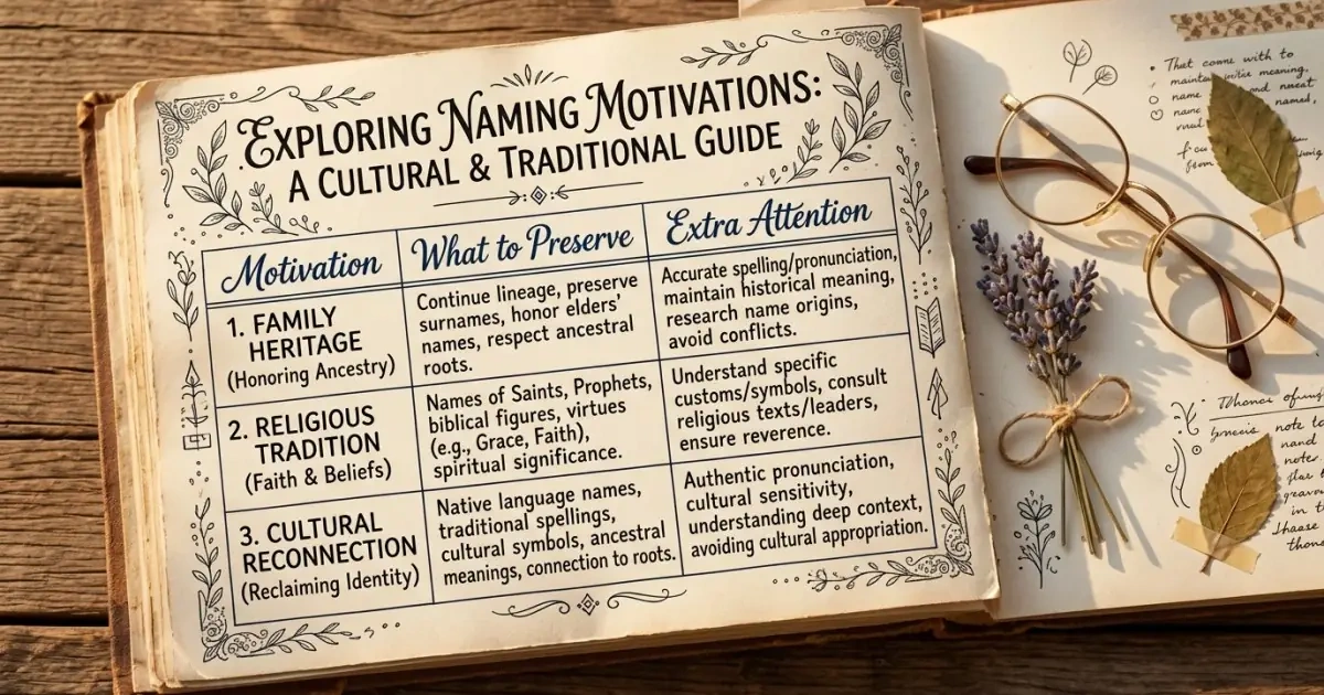 A detailed infographic table explaining different motivations when choosing baby names by culture