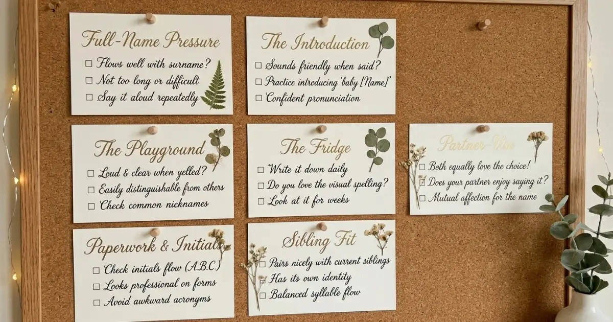 An organized infographic checklist displaying seven real-life tests for choosing between two names