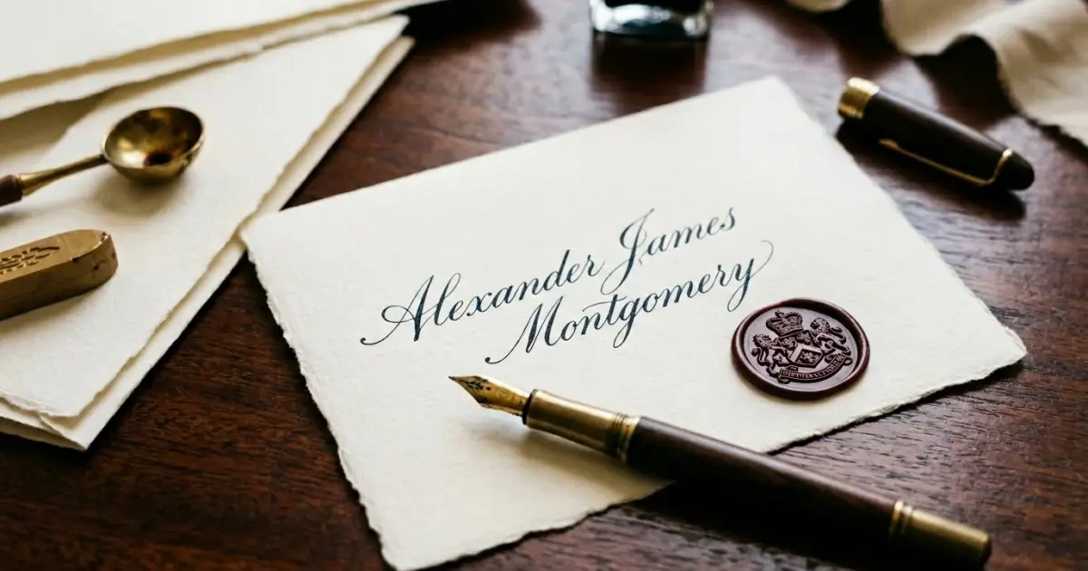 Elegant cursive script of a full name on fine stationery with a family wax seal