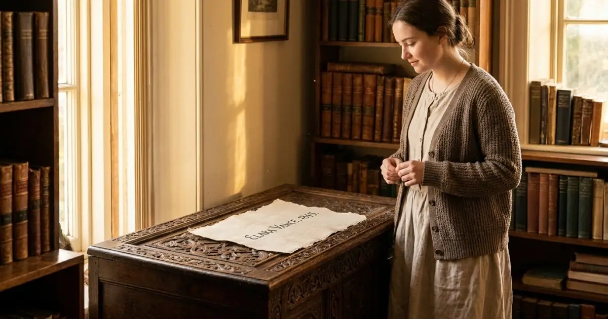 A historic, unique name written beautifully on a piece of parchment over an antique chest
