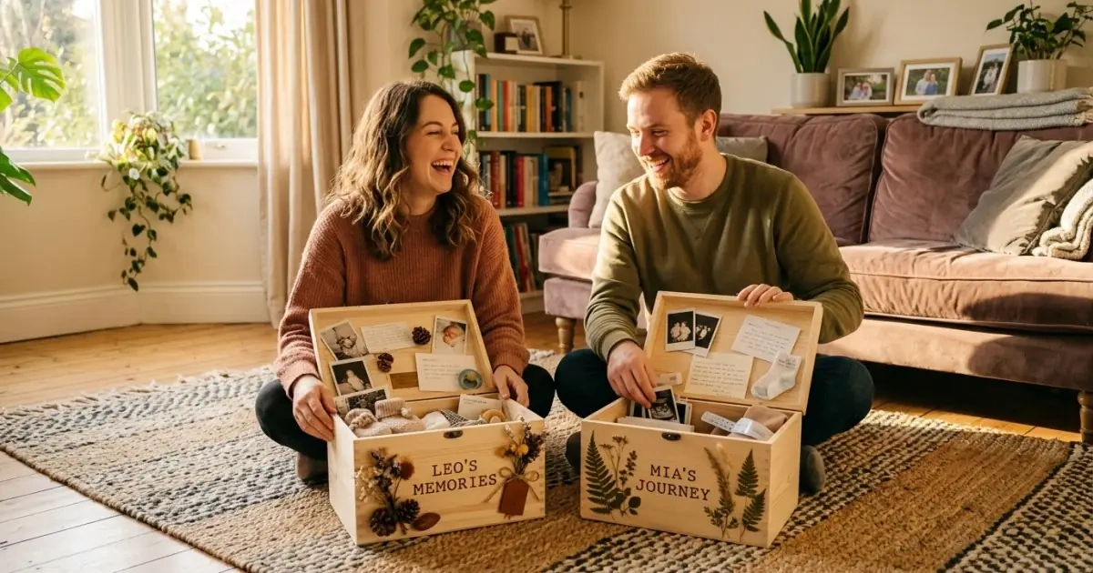 Young parents organizing two distinct but harmoniously styled wooden memory boxes on a rug.