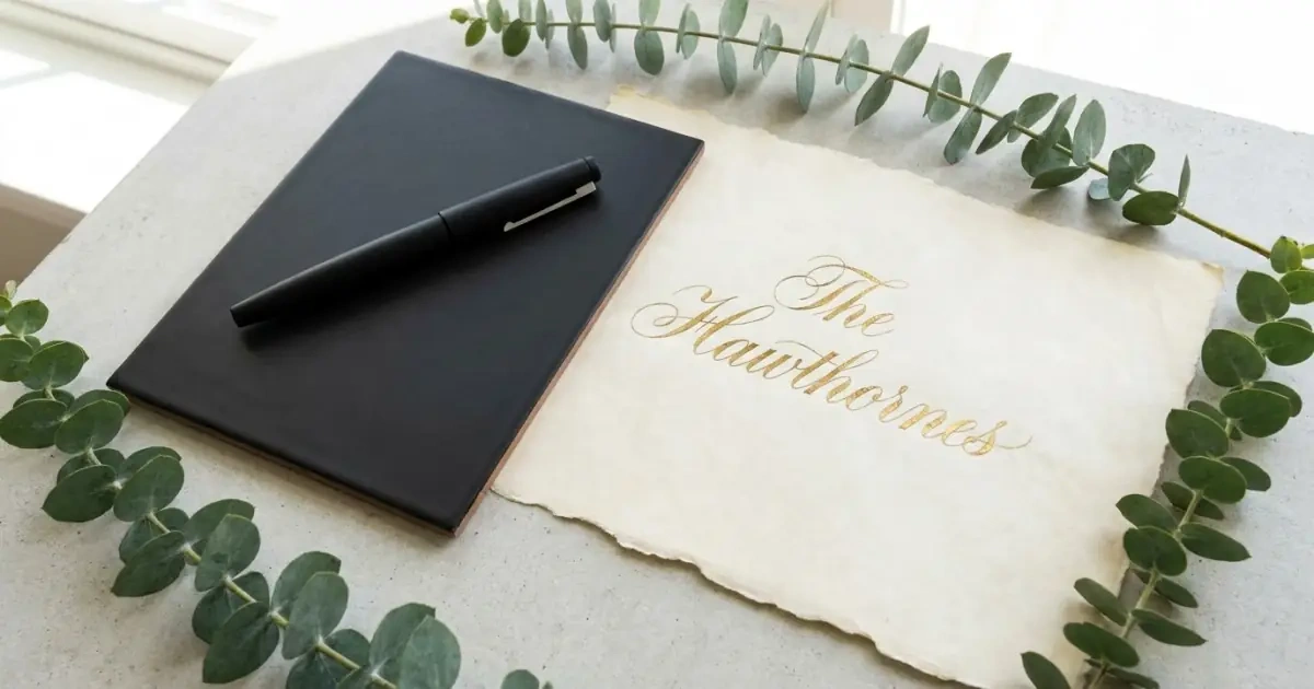 Modern fountain pen on minimalist tile next to vintage gold leaf calligraphy on parchment