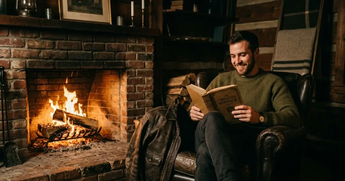 A cozy, warm fireplace setting capturing the spirit of classic names for boys.