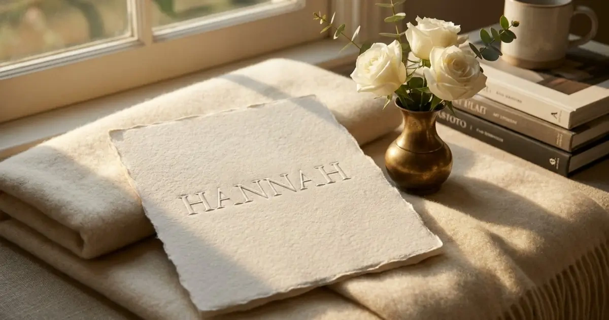 The classic name Hannah embossed on handmade paper symbolizing timeless names that mean blessing