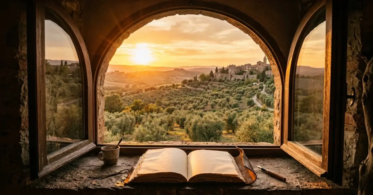 An open window facing a sunset over an olive grove, representing the next steps in name discovery.