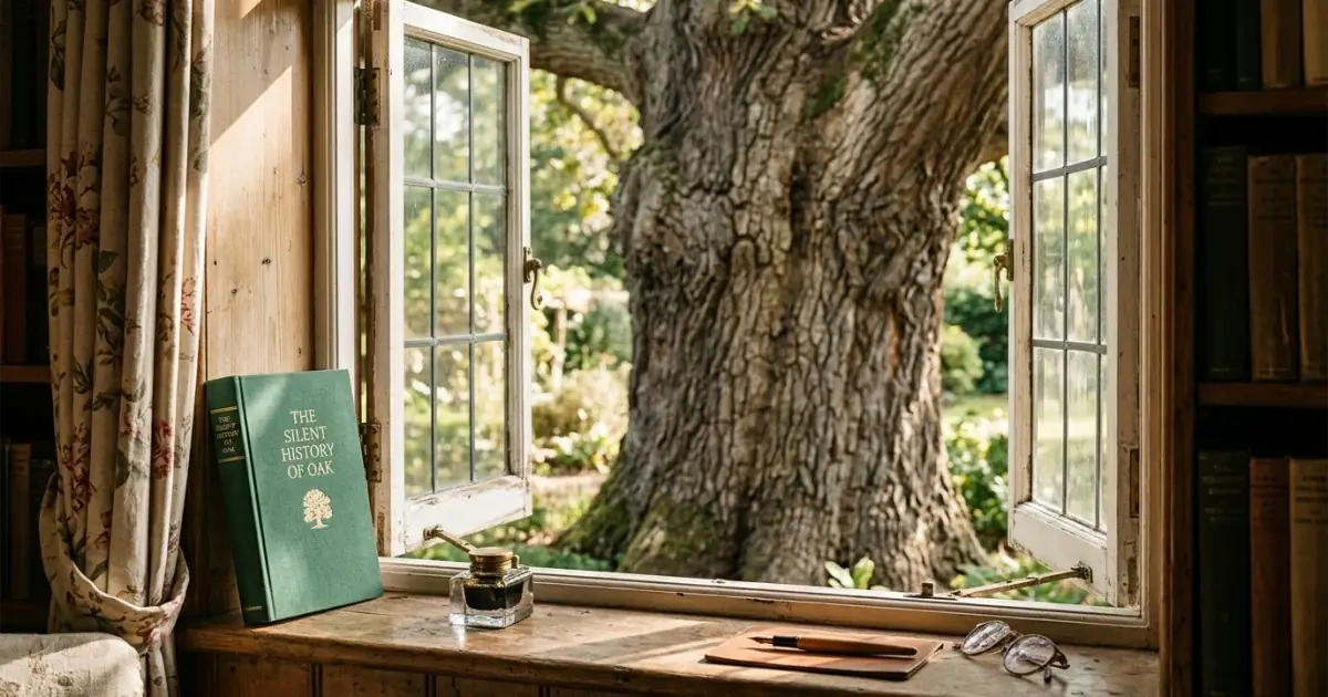 A classic linen book on a sunlit window sill looking out at an enduring oak tree