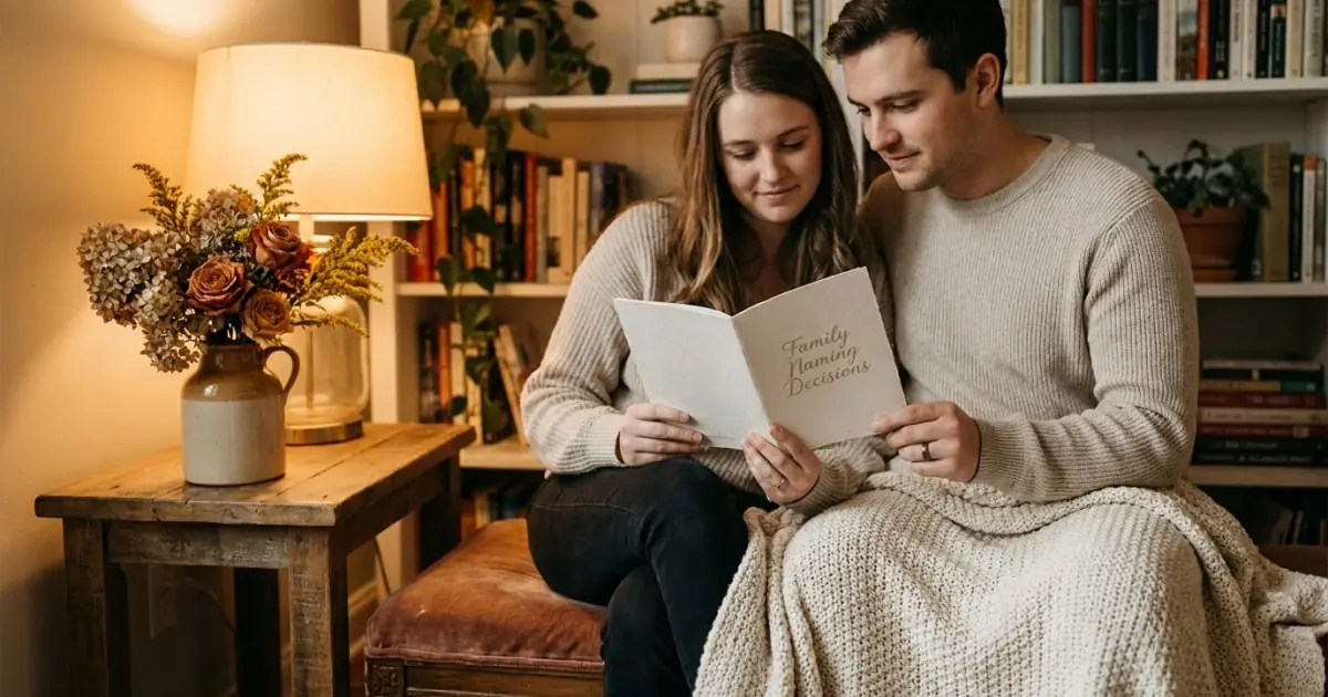 A young couple reviewing a family naming guide pamphlet in a warm study corner