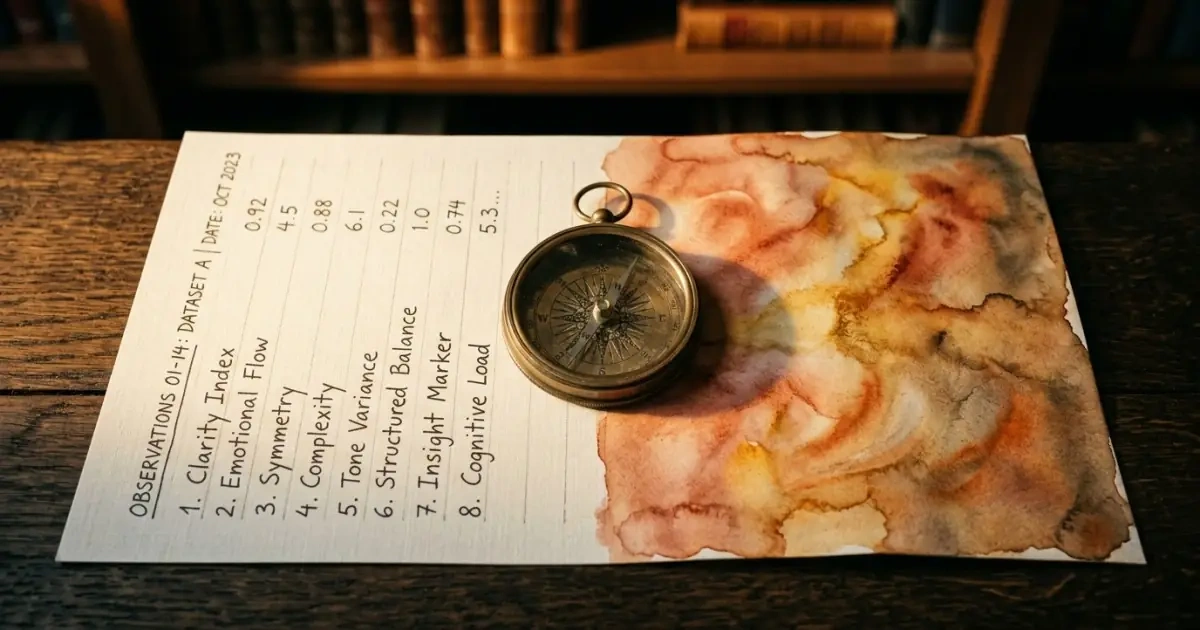 A conceptual comparison between analytical data columns and abstract watercolor washes on a dark oak table.