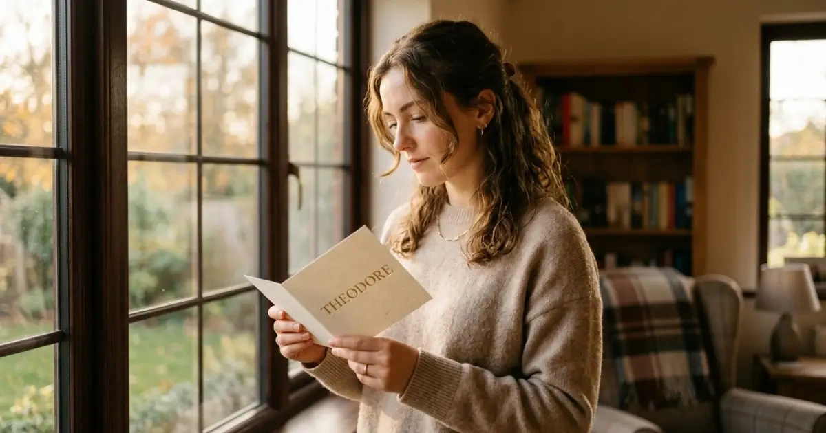 A young woman examining a gold embossed name card by a window, evaluating her emotional reactions.