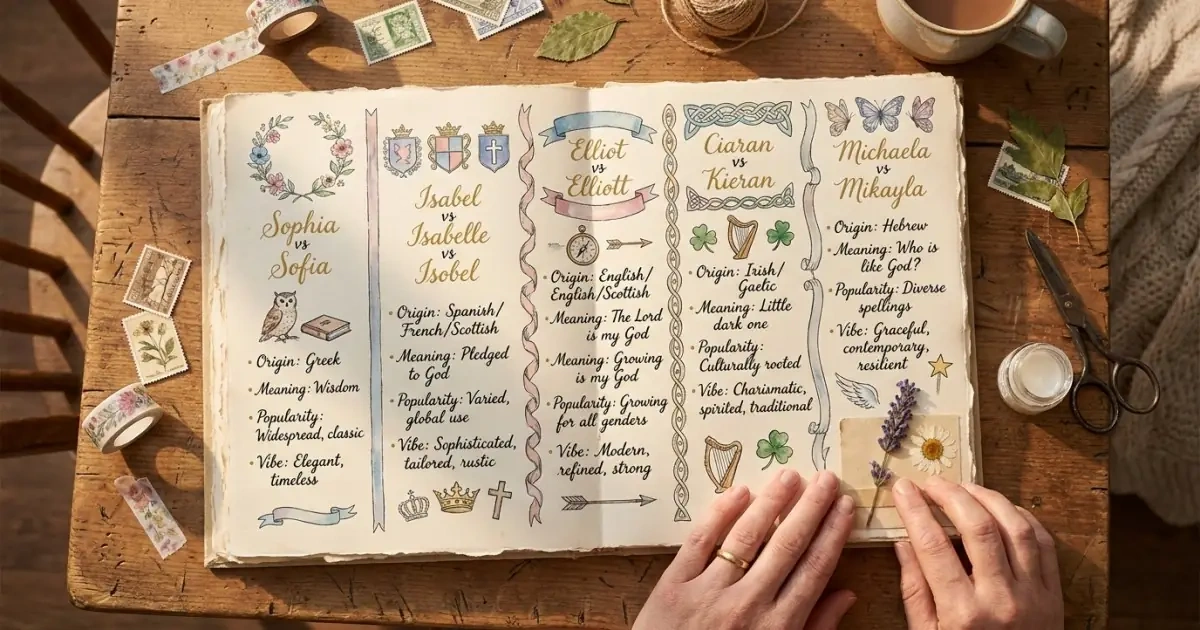 A beautifully designed family scrapbook page comparing popular alternative name spellings