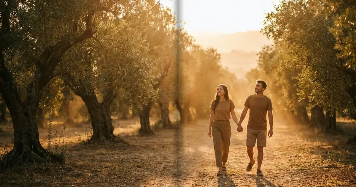 Couple walking confidently through a sunlit olive grove symbolizing a clear final name choice