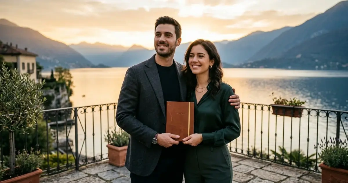 A confident young couple looking out at a sunrise, representing naming a newborn with confidence.
