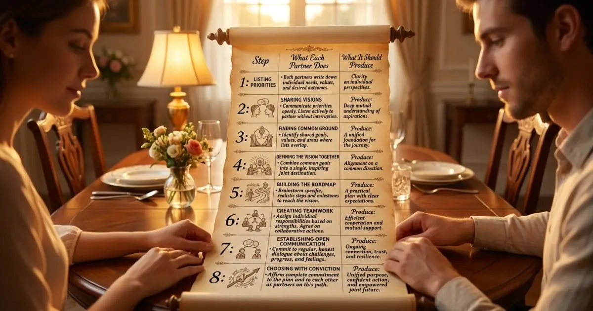 A comprehensive lifestyle step-by-step process infographic chart for a couple-friendly decision system