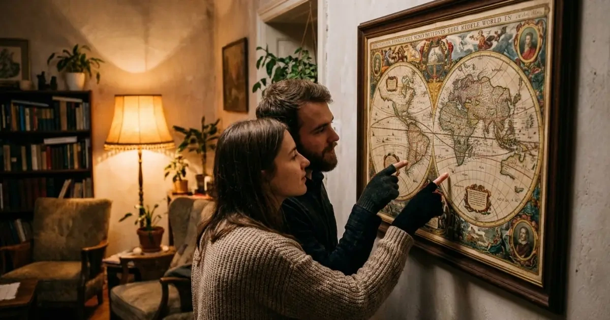 A young couple looking at a vintage world map in a cozy room