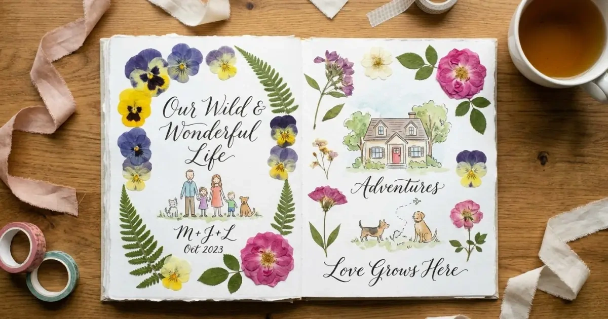 An open scrapbook page with watercolor sketches and handwritten family nicknames