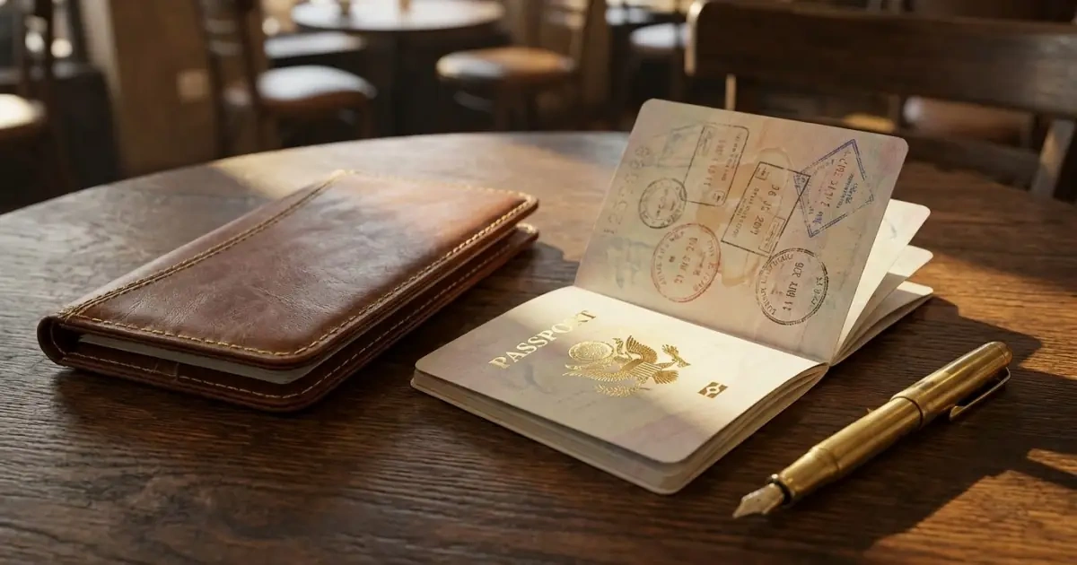 An elegant leather travel wallet and an open passport on a polished oak table