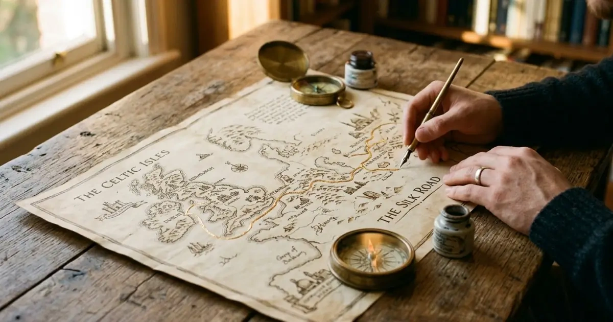 An artistic open map with gold leaf paths symbolizing the movement of cross-language baby names.