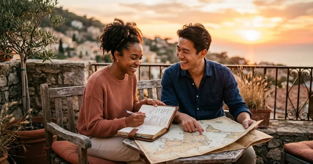 A multi-ethnic couple testing cross-language soft baby names on a sunlit terrace at sunset.